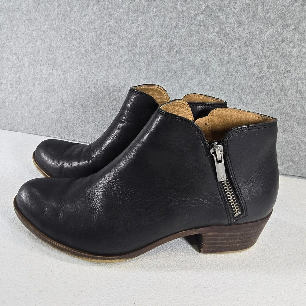 Lucky Brand Burklee Black Leather Ankle Boots Dual Zip Low Block Heel 8M 38.5